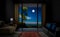 Romantic full moon in glass window of living room, AI genertated