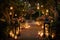 romantic garden with lanterns, candles, and rose petals