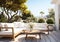 Romantic garden lounge to relax, read or be with friends. Contemporary furniture with flowers and vegetation. AI generative