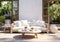 Romantic garden lounge to relax, read or be with friends. Contemporary furniture with flowers and vegetation. AI generative