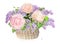 Romantic gentle bouquet of lilac flowers and peonies in wicker