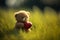 A Romantic Gesture, Teddy Bear with Heart in the Summer Grass. Generative AI