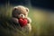 A Romantic Gesture, Teddy Bear with Heart in the Summer Grass. Generative AI