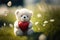 A Romantic Gesture, Teddy Bear with Heart in the Summer Grass. Generative AI