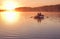 Romantic golden sunset river lake fog loving couple small rowing boat date beautiful Lovers ride during Happy woman man together r