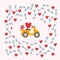 Romantic greeting card with yellow transportation. Picture with romantic elements of red hearts and arrows. Cartoon