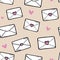 Romantic happy Valentine`s day seamless pattern. Envelopes and hearts.