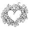 Romantic heart decorated flowers, buds, leaves. Heart decorated floral composition. Black and white illustration
