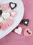 Romantic heart shape pink, white and black cookies