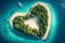 romantic heart shaped love island in the ocean with white sand beach and palm trees. generative AI