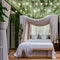 Romantic Hideaway: A master bedroom with soft, dreamy hues, flowing curtains, and a canopy bed adorned with fairy lights The roo