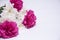 Romantic horizontal floral banner. White beautiful chrysanthemums and pink carnation