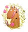 Romantic Horse in flowers wreath cartoon