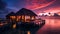 Romantic Hotels and Resorts on Maldives straw cabin evening blurred light blue sea water