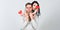 Romantic ideas celebrate valentines day. Man and woman couple in love hold red heart valentines cards white background