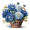 Romantic Illustration Of Blue Chrysanthemum Flowers In Wicker Basket