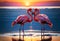 Romantic image couple pink flamingos on the lake at sunset. Generative AI