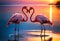 Romantic image couple pink flamingos on the lake at sunset. Generative AI