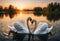 Romantic image couple swans on the lake at sunset. Generative AI