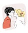 Romantic kiss of young blonde girl with ponytail and man. Line doodle illustration. Valentine's day minimalism