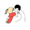 Romantic kiss of young blonde girl with ponytail and man. Line doodle illustration. Valentine`s day minimalism drawing.