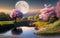 Romantic landscape with lake, trees, pink flowers and mountain and moonlight