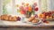 Romantic Landscape Painting With Croissants, Fruits, And Flowers