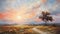 Romantic Landscape Painting Sunrise On A Winding Dirt Road