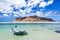 Romantic landscape with small wooden rowing boat on Balos bay, Greece