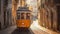 Romantic Lisbon street with the typical yellow tram and Lisbon Cathedral on the background