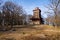 Romantic lookout tower Vlkova in beautiful magic spring forest, Czech Republic, sunny day, clear blue sky