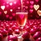 Romantic love celebration, champagne and pink hearts