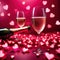 Romantic love celebration, champagne and pink hearts