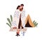 Romantic love couple on camping. Tourists hugging by bonfire in nature. Colored flat cartoon vector illustration of