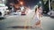 Romantic and love relationships. young couple male and female cross the road at night street in Pattaya, Thailand, rear