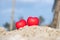 Romantic love symbol two red heart on the paradise tropical beach with copy space. Valentine day and Marry Concept