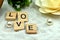 Romantic Love Wood Blocks are on the White Sands