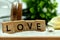 Romantic Love Wood Blocks are on the White Sands