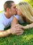 Romantic Lovely Caucasian Couple Kissing Outdoor