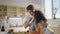 Romantic lovers eating breakfast on kitchen closeup. Couple enjoy happy weekend