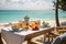 Romantic luxury breakfast table against tropical sea sky background, couples idyllic morning