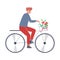 Romantic Man Riding Bike with Bouquet of Flowers in Basket Vector Illustration