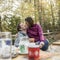 Romantic man and woman sitting on an outdoor patio