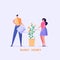 Romantic man and woman water and care for the money tree. Happy family or couple with skissors works in garden. Concept of family