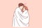 Romantic man and woman wrapped in white blanket embrace and feel love and passion