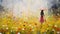 Romantic Meadow Oil Painting With Woman Holding Umbrella In Flower Field