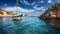 Romantic Mediterranean Landscape: White Sailboat Floating In Blue Sea