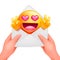 Romantic message with yellow emoji cartoon character. Love envelope in female hands