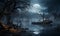 Romantic moonlit river in the cold fog with barren tree silhouette Generative AI