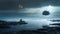 Romantic Moonlit Seascapes With Floating Ship And Ship Pieces